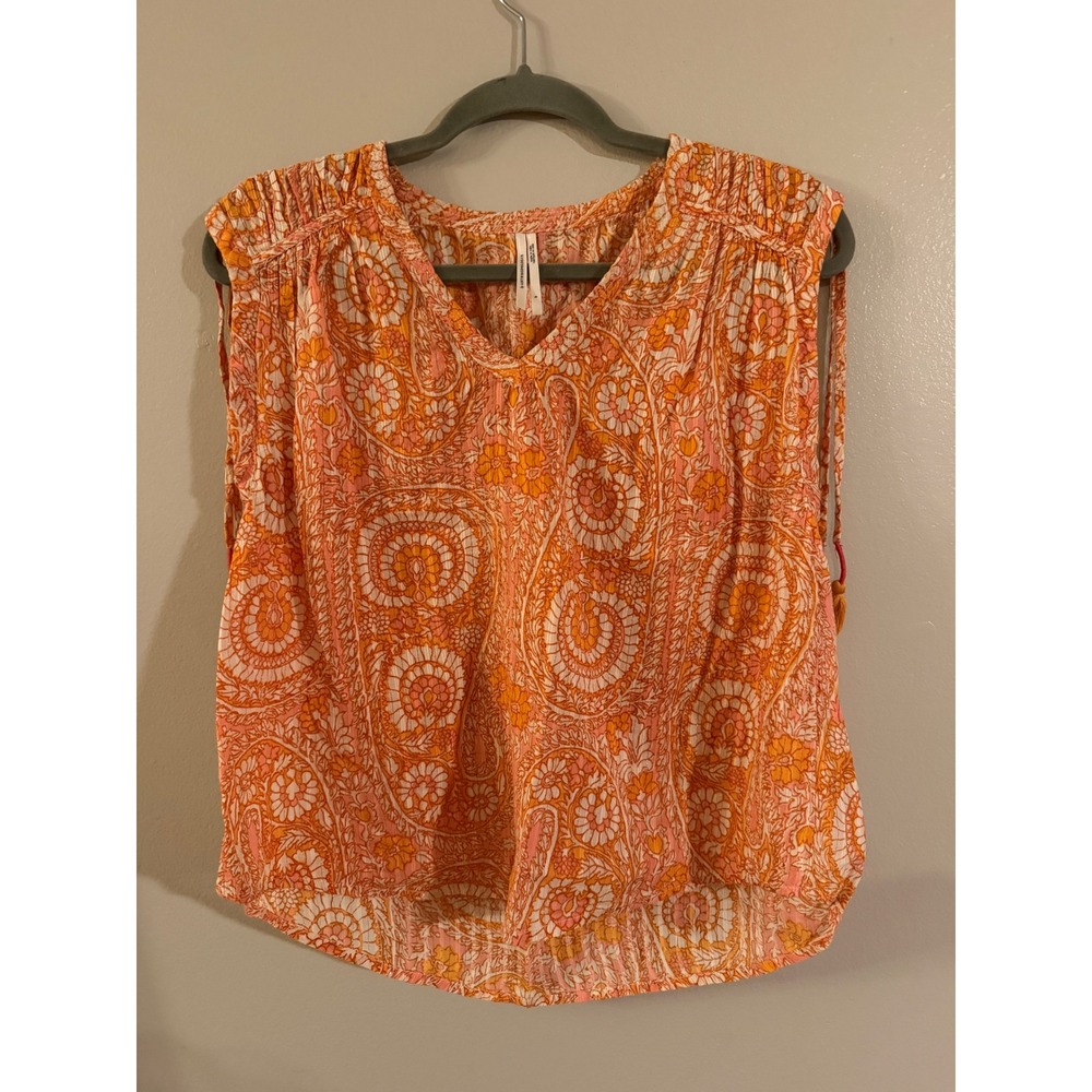 Anthropologie Orange Paisley Tassel Sleeveless V-Neck Blouse Small Gold Metallic